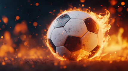 soccer ball engulfed in flames, creating dramatic and intense visual against dark background. fiery effect adds excitement and energy to scene