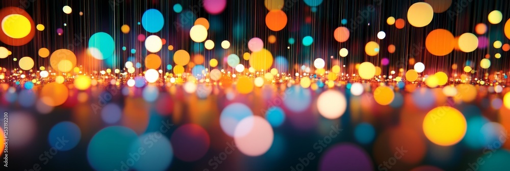 Poster abstract light trails and bokeh effect with blurred colorful spheres on a dark background