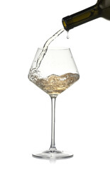 Pouring wine into glass on white background