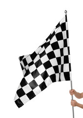 Woman with checkered flag on white background, closeup