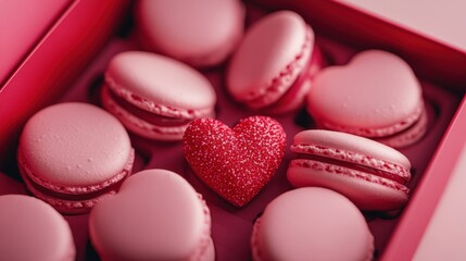 Obraz premium Macarons in heart shape in gift box isolated on pink background,events,aniversary festival gift set,french macaron cookies,trendy 2025,couple valentine Romantic love or pastry shop.