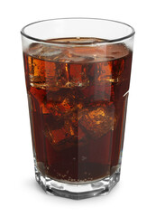 Glass of refreshing sweet soda water with ice cubes isolated on white