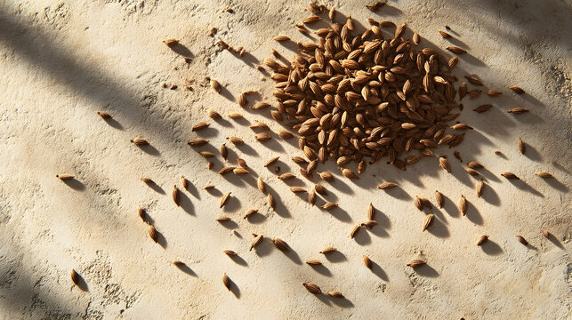 A collection of cumin seeds scattered across a neutral-colored surface, showcasing their rich brown hue and fine texture.