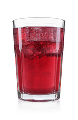 Sweet soda water with ice cubes in glass isolated on white