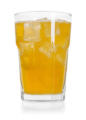 Sweet soda water with ice cubes in glass isolated on white