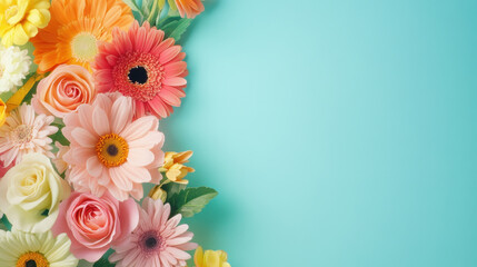 Bright floral composition featuring colorful flowers on turquoise background, creating cheerful and vibrant atmosphere. Perfect for spring and summer themes