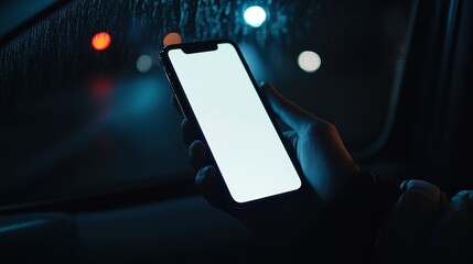 Closeup of hand holding smartphone with white mockup on screen,black mobile phone in hands with blank desktop screen while car driving,Mockup image,Copyspace for text.