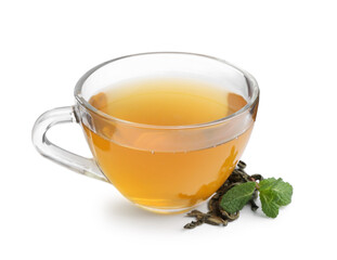 Aromatic mint tea, fresh and dried leaves isolated on white