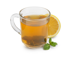 Aromatic mint tea with lemon, fresh and dried leaves isolated on white