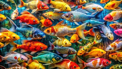 Vibrant Fish Diversity: Double Exposure Grid of Colorful Aquatic Life