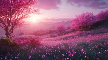 Pink Blossom Trees Grace Hillside Sunset Landscape