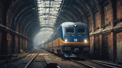 Naklejka premium blue and yellow locomotive travels through a historic industrial tunnel, surrounded by rusted steel and aged bricks. A moody and atmospheric urban railway scene
