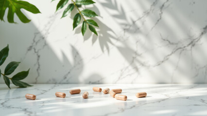 This is an image of a collection of Magnesium Glycinate capsules against a marble counter with natural light coming from the top left corner.