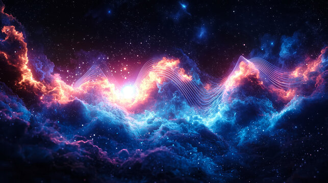 Quantum wave function depicted as an abstract glowing waveform suspended in space composition