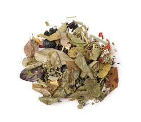 Dry herbal tea brew isolated on white, top view