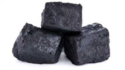 Stacked coal briquettes on white background, fuel source