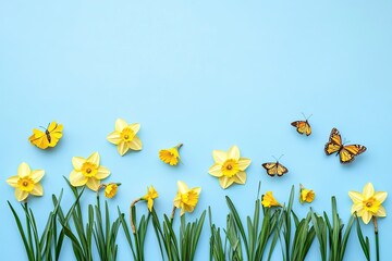 Fototapeta premium A sparse light blue spring backdrop featuring daffodils