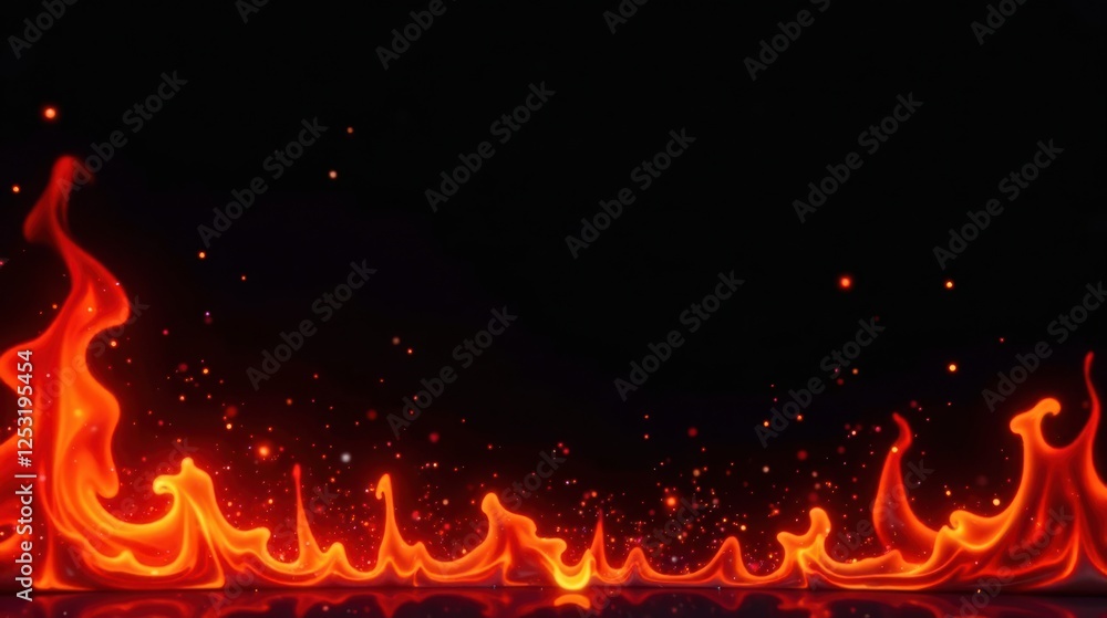 Poster fiery orange and red flames with incandescent embers against a dark background, ideal for design pro