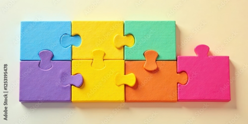 Poster colorful puzzle pieces interlocking to form a complete image representing teamwork and collaboration