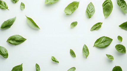 A collection of fresh basil leaves scattered on a clean white background, their rich green color contrasting with the simplicity of the background.