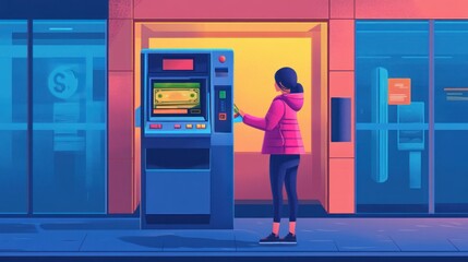 Woman withdrawing cash from ATM at night.