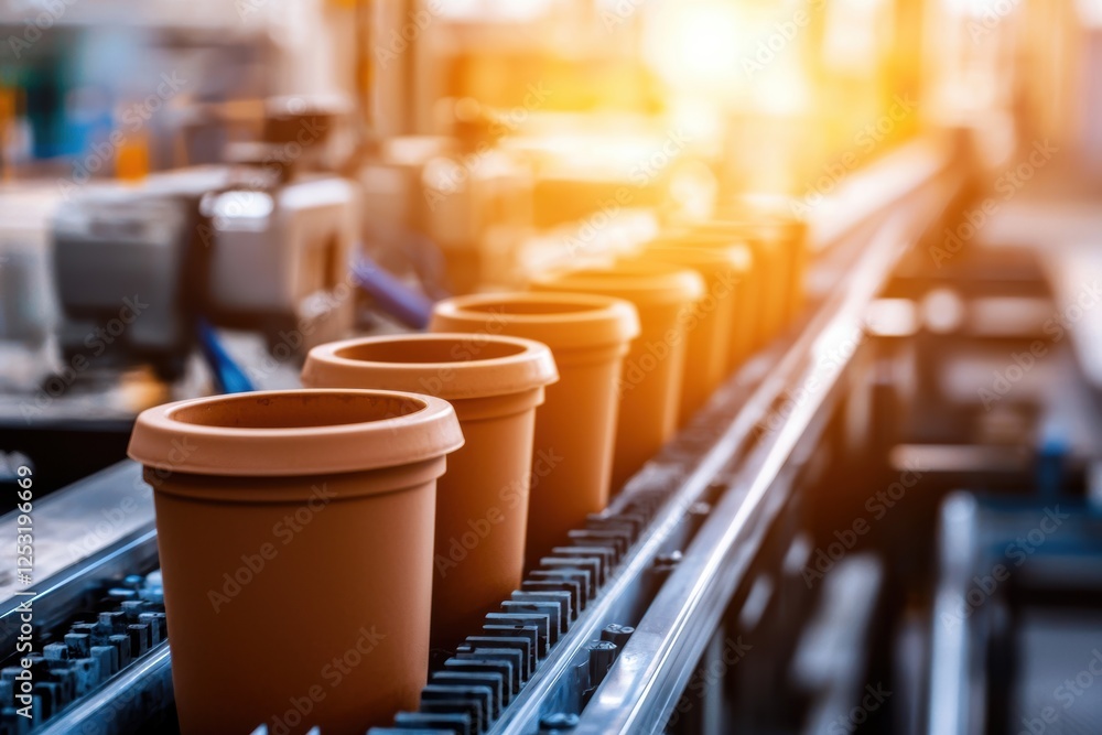 Poster automated production line in modern factory floor with clay pots