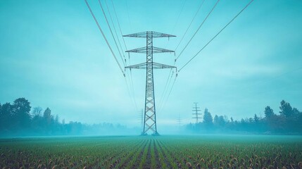 Power lines over misty field at sunrise