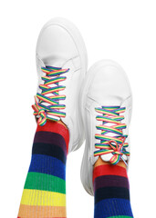 Woman wearing socks in LGBT colors on white background, closeup