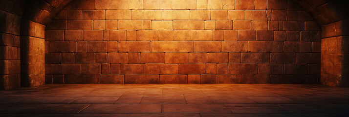 dimly lit dungeon chamber with textured stone walls and warm glow, creating atmosphere of mystery and intrigue. sturdy stone floor complements ancient architecture