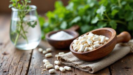 Fototapeta premium Bowl with magnesium glycinate, ready to prepare a healthy meal on wooden table with fresh herbs and water glass.