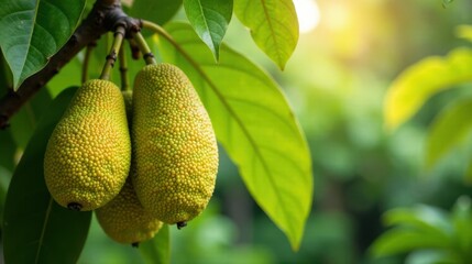 Sunlit Jackfruit Hanging from Lush Green Leaves in a Vibrant Orchard