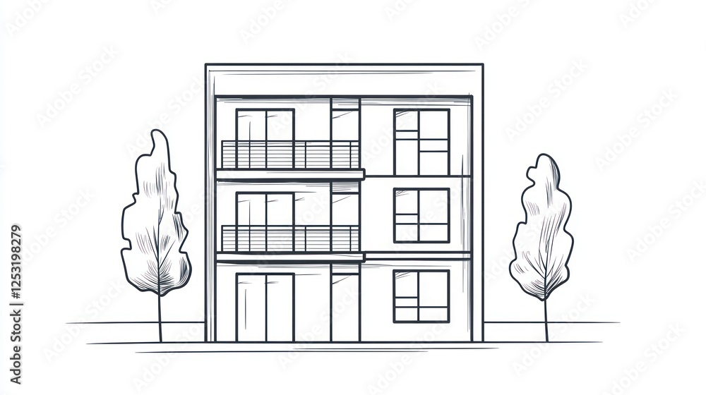 Poster architectural sketch of a three-story apartment building with trees. possible use stock photo for ar