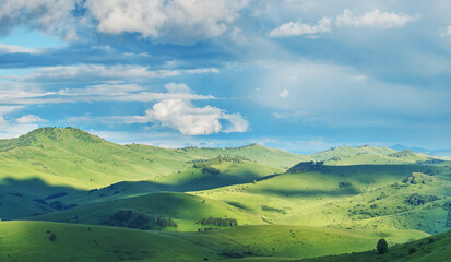 Fototapeta premium View of a summer day in the mountains, green meadows, mountain slopes and hills, countryside 