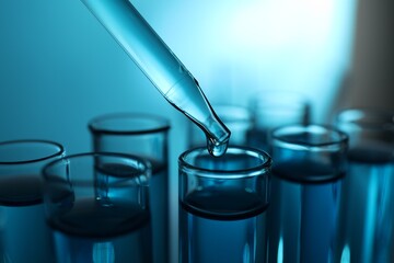 Dripping liquid into test tubes on blue background, closeup. Color toned effect