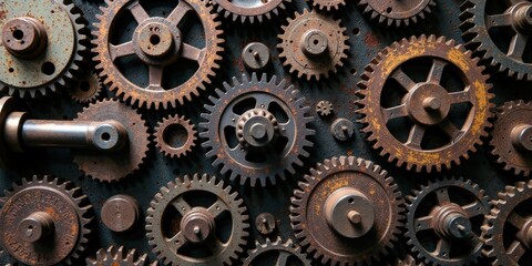 Intricate Network of Rusty Gears A Detailed Close-Up of Interconnected Mechanical Components
