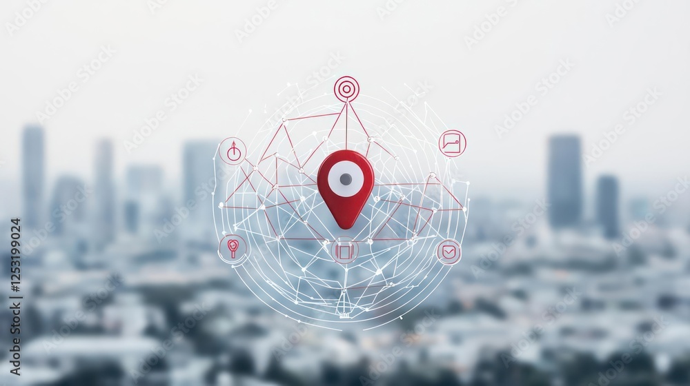 Poster red map pointer over cityscape panorama