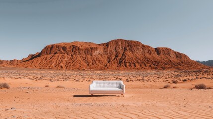 Beige Sofa in a Desert Landscape with Red Mountains
