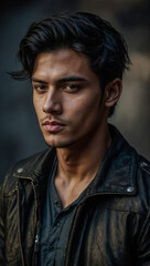 Obraz premium Handsome young man with black hair, cool and masculine appearance.