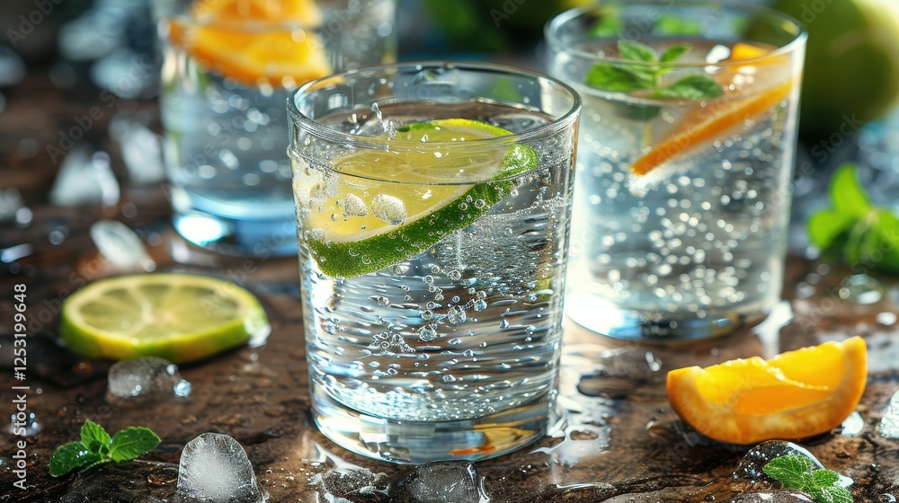 Poster three glasses of water with a lime wedge in each. the glasses are on a table with ice and oranges