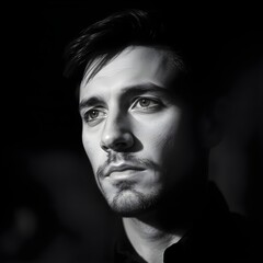 Fototapeta premium Fotografías en blanco y negro con contraste fuerte, hombre de expresión profunda, con fondo borroso.