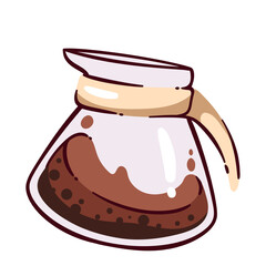 Glass cartoon coffee pot. Funny carafe with handle for breakfast hot drink with caffeine brewing, morning coffee pouring. Barista equipment, cafe mascot, cartoon cute teapot vector illustration