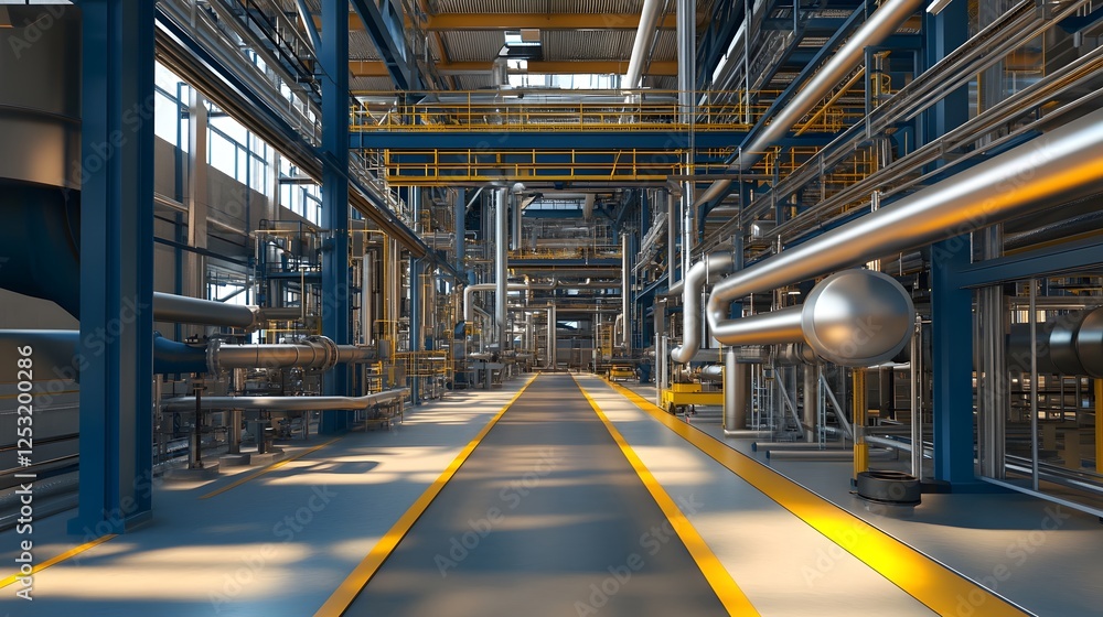 Aufkleber industrial workflow optimization: open factory space with well-structured pipes and ducts