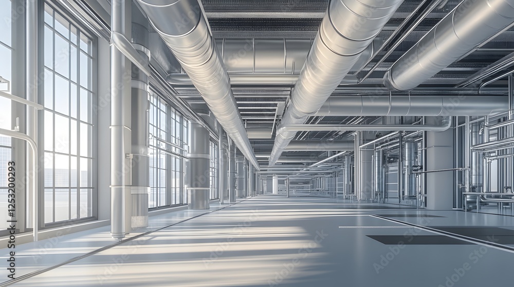 Poster industrial workflow optimization: open factory space with well-structured pipes and ducts