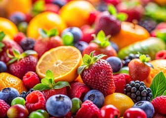 Obraz premium Vibrant Tilt-Shift Fruit Salad: A Colorful Mix of Fresh Berries, Citrus & Tropical Fruits