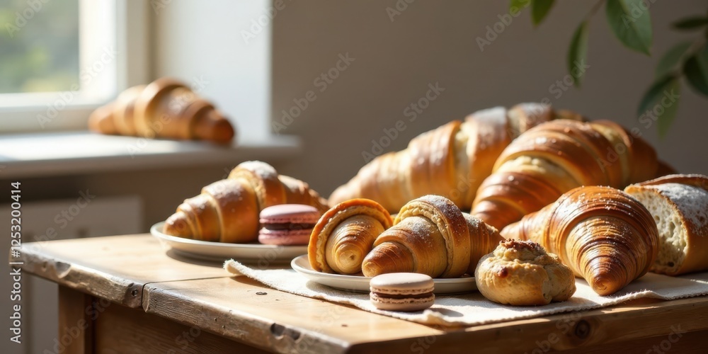 Poster golden-brown croissants and delicate pastel macarons arranged on a rustic wooden table bathed in sun