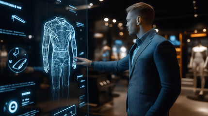 Businessman using interactive futuristic touchscreen choosing clothes in digital wardrobe