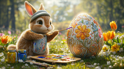Easter Bunny Artist Painting a Large Decorative Egg in a Spring Field