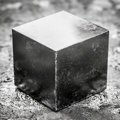Black Metallic Cube on Gray Textured Surface
