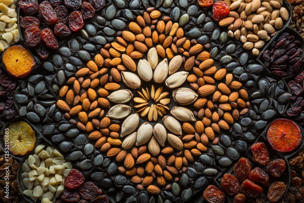 Poster geometric arrangement of organic seeds and nuts creating intricate patterns. generative ai