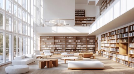 Modern library or bookstore interior with Learning and coworking space,relax zone,Library with rows of bookshelves arranged,school,university,shared desk and chairs,panoramic window.